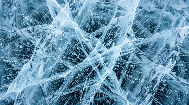Transparent cracked ice sheet texture with intricate fractures and frozen air bubbles