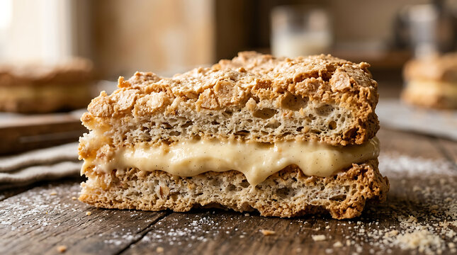 Delicious slice of layered dacquoise cake filled with rich buttercream on a rustic wooden table dacquoise buttercream delicious homemade appetizing