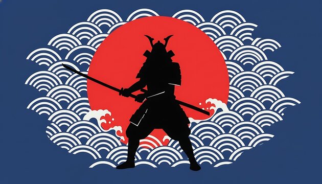 Samurai silhouette with katana sword standing in front of red sun and japanese traditional wave pattern
