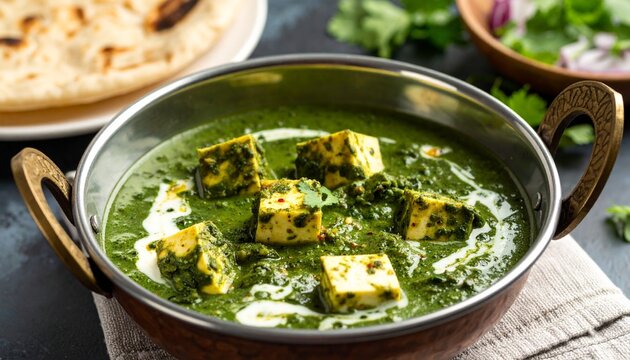 Homestyle palak paneer with fresh cream in a metal bowl with roti