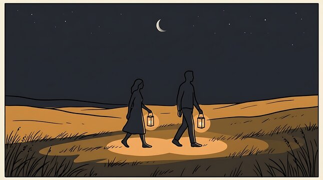 Vector illustration of a man and woman walking holding lanterns under starry night sky with crescent moon