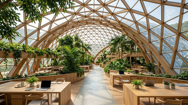 Modern biophilic office in a timber glass dome with lush green plants
