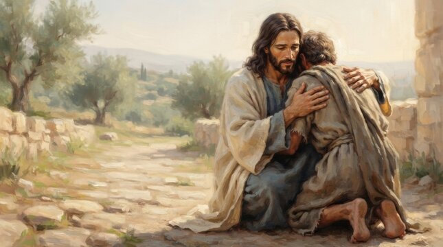 Jesus embracing and comforting sorrowful man on ancient stone road outdoors. Divine compassion forgiveness and mercy concept. Christian faith hope and spiritual support illustration for Easter