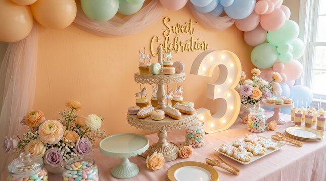 Lavish pastel celebration setup showcasing carousel pastries sweet treats and a glowing digit against an apricot wall  birthday party cake dessert kid child baby girl celebration event