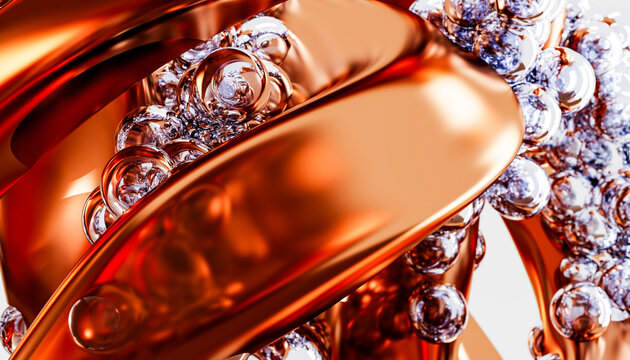 Closeup of flowing copper and silver metallic liquid with bubbles