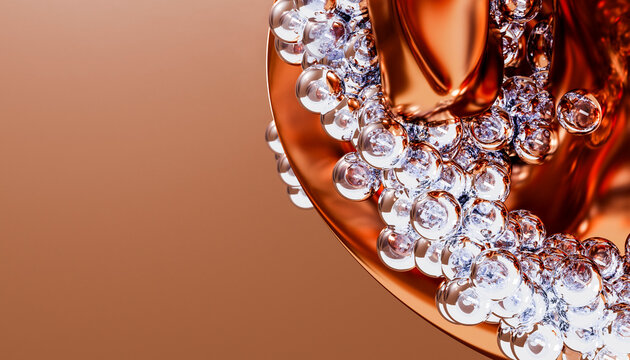 Transparent bubbles clustering on a metallic orange surface abstract