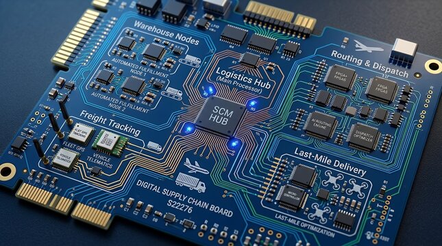 Complex circuit board layout displaying digital supply chain nodes representing automated freight operations  logistics smart business technology supply chain interface electronic circuit