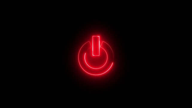 Neon Power button icon animation glowing red color shutdown switch screen turn on off button computer mobile phone startup stop sign closed icon on black background