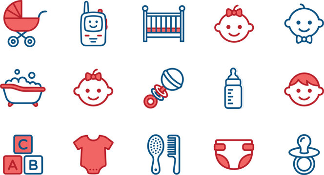 Baby care elements vector illustration icon set featuring stroller monitor crib rattle bottle diaper pacifier and clothes for newborn nursery graphic design