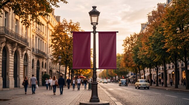 Empty vertical banners hanging on a street lamp in a European city during autumn.
