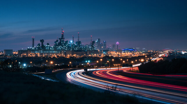 Highway Traffic Light Trails Towards Industrial City Skyline at Night