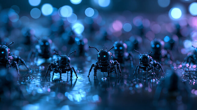 Robotic Ants Army with Glowing Eyes in Swarm Intelligence Concept
