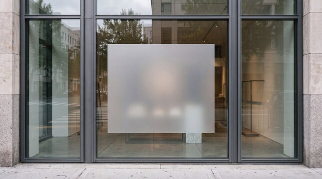 Modern storefront window with a large square frosted glass privacy sticker for branding.