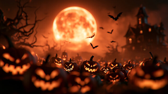 Spooky Halloween Background with Glowing Pumpkins and Haunted House