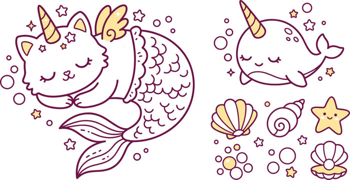 Cute caticorn mermaid sleeping and narwhal vector illustration collection set featuring magical sea creatures stars and seashells isolated on white background.