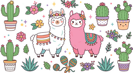 Cute kawaii llama and alpaca vector illustration collection set featuring potted desert cacti maracas succulents and pink flowers isolated on white background. © Md. Ashik Hossain