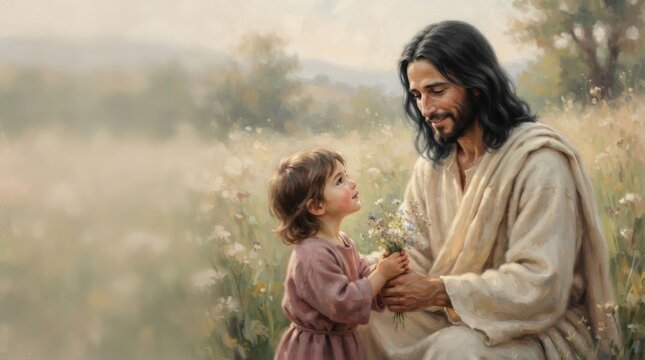 Jesus with little child girl holding wildflower bouquet in meadow. Biblical love and faith concept. Christian religion illustration for Easter and spiritual guidance and compassion