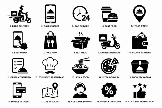 Set of black delivery and online shopping icons for mobile applications