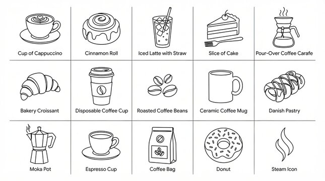 Minimalist coffee shop icons, set of 15 cafe line art illustrations. Bakery pastries and espresso drinks collection, black and white menu graphics.