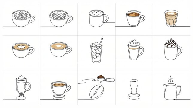 Minimalist coffee line art icons set, continuous line drawing of espresso cups and latte art, barista equipment collection for cafe branding
