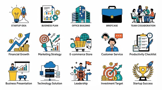 Business icon set with 15 flat line illustrations. Startup marketing and financial growth concepts for corporate presentations.