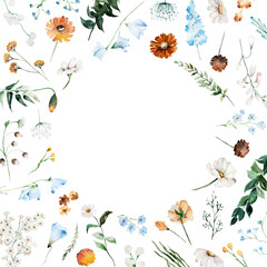 Fototapeta premium Watercolor frame with blue, ivory and orange wildflowers, illustration for wedding stationery