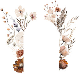Naklejka premium Floral frame made with watercolor brown wildflowers and leaves, autumn wedding illustration