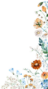 Watercolor border with blue, ivory and orange wildflowers, illustration for wedding stationery