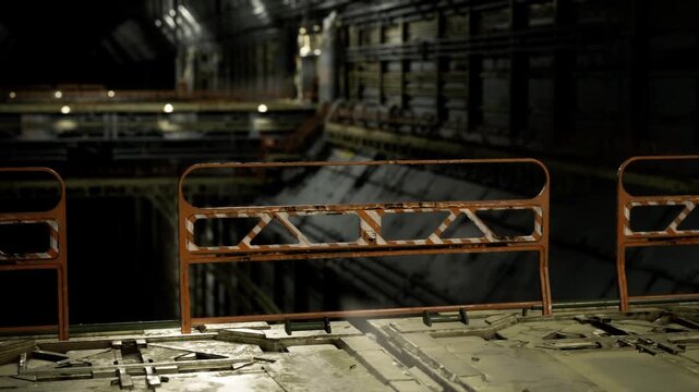 Rusted platform overlooking deep pit, low lighting and corroded railings, metal grating stained with oil, scattered debris and heavy shadows, distant machinery