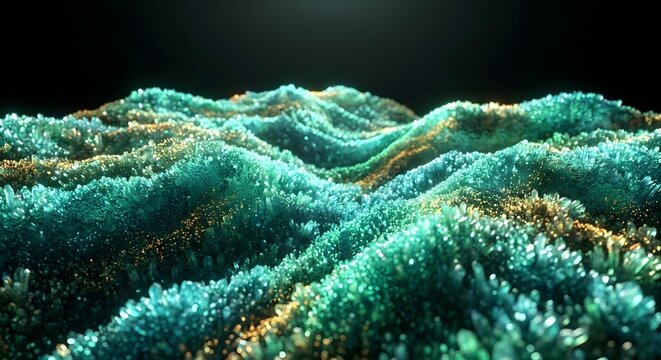 Abstract teal and gold crystalline landscape with glowing particles digital rendering