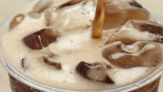 Slow motion soft drink pouring with ice cubes and bubbles.