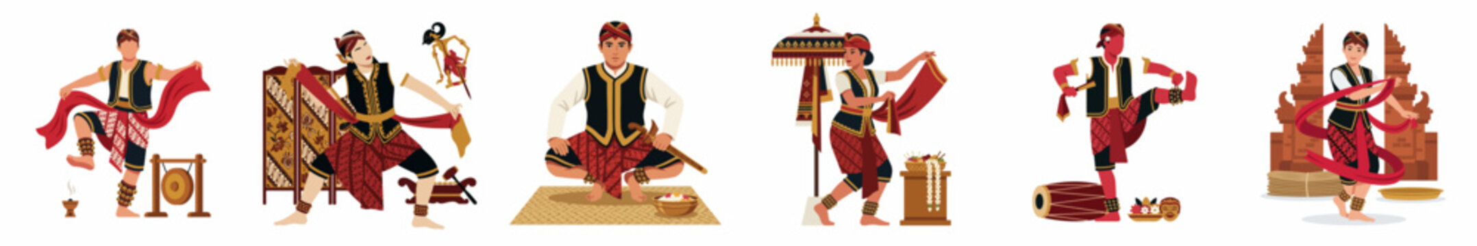 Set of Balinese traditional dancers and cultural icons illustration, featuring performers in traditional costumes and cultural elements on a white background.