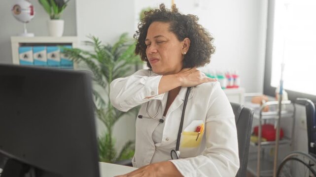 Woman doctor in clinic rubbing shoulder while seated at computer with stethoscope on neck and notepad in pocket; fatigue strain.