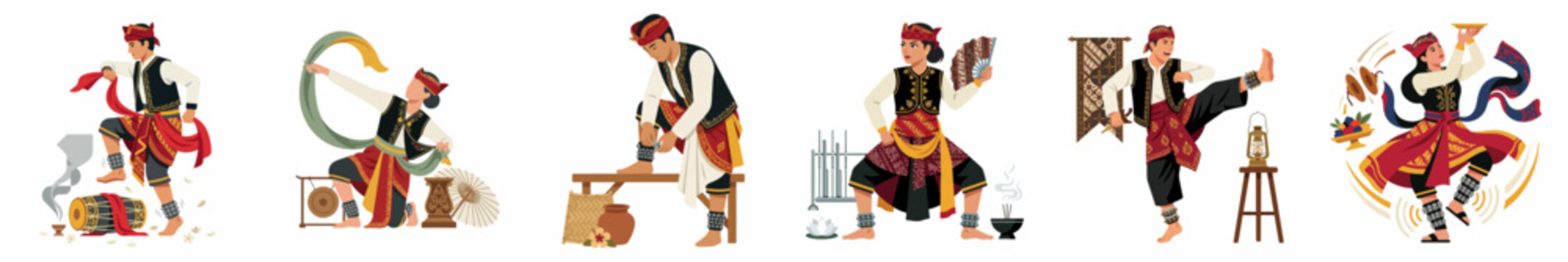 Collection of illustrations depicting traditional Indonesian Pencak Silat martial arts and cultural activities in authentic ethnic costumes on a white background.