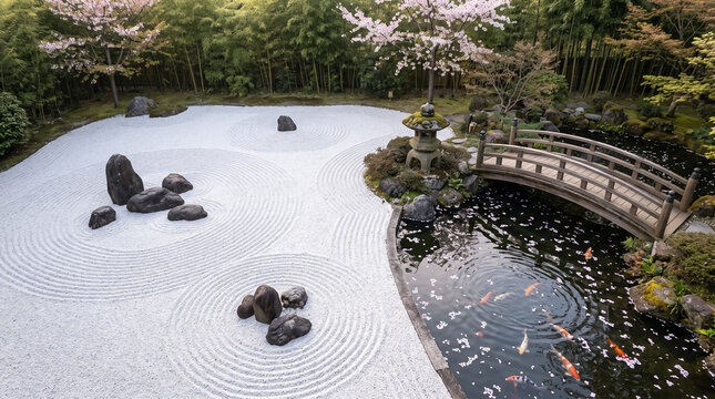 Traditional Japanese Zen garden with raked gravel, koi pond and cherry blossoms