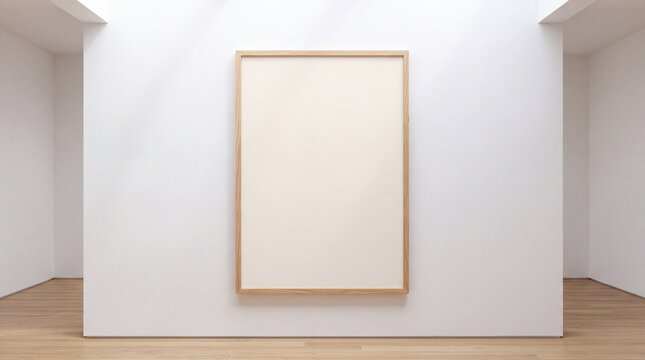 Blank vertical wooden frame hanging on a white gallery wall.