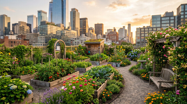 Rooftop community garden with city skyline at sunset with raised beds