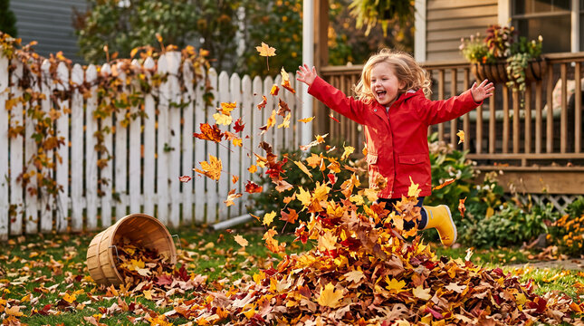 Happy child in red jacket throwing autumn leaves in backyard