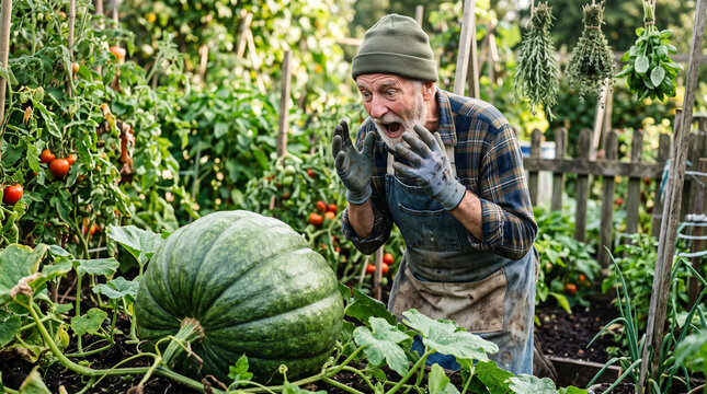 Amazed senior gardener reacting to giant green pumpkin in vegetable garden