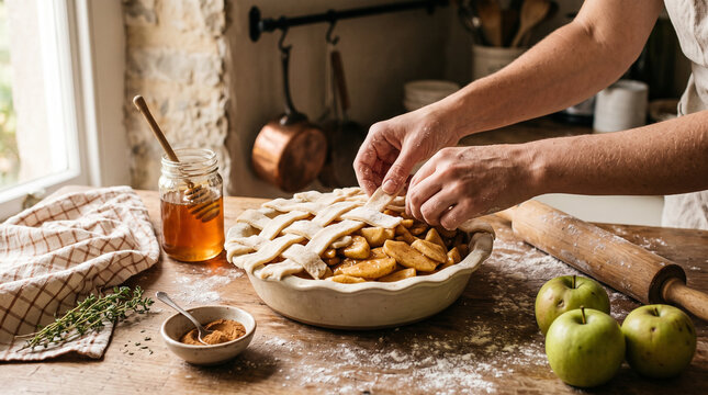 Hands preparing homemade autumn apple pie with lattice crust in rustic kitchen