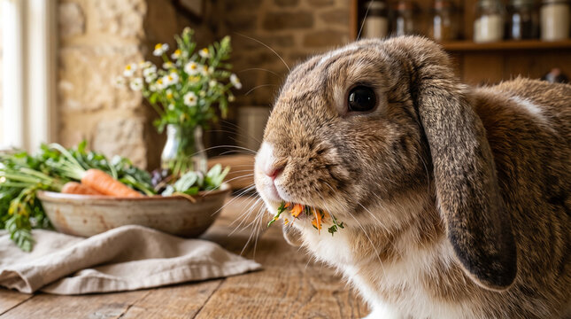 Brown lop-eared rabbit eating fresh carrots on rustic kitchen table