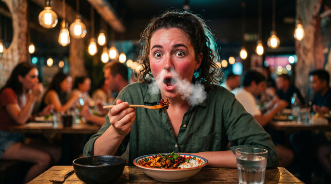 Young woman with wide-eyed shocked expression breathing steam after eating extremely spicy food in busy restaurant