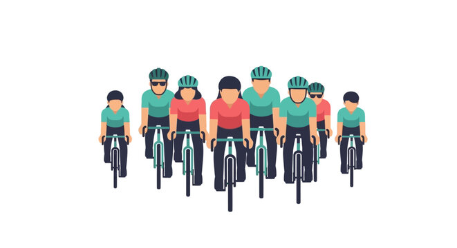 Diverse group of cyclists riding bicycles in a peloton, flat design illustration