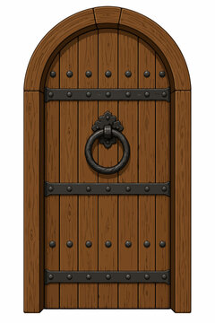 Wooden Door Flat Vector Illustration Isolated on White Background, Rustic Classic Entrance with Solid Colors, Shadow and Highlight