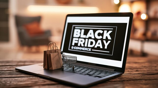 Laptop displaying a black friday sale with a miniature shopping cart and paper bags