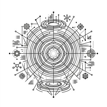 Symmetrical technology mandala with concentric circles, gears and data icons, symbolizing engineering precision, digital innovation and futuristic mechanism design.
