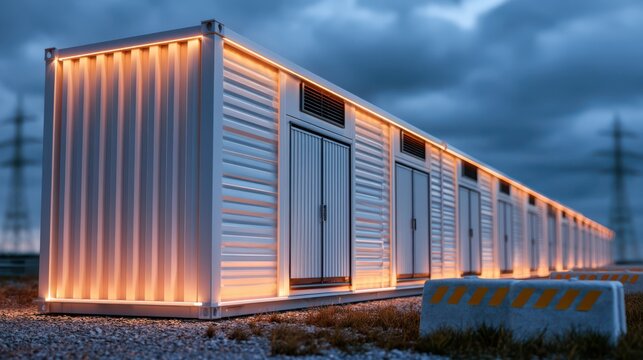 A modern, illuminated modular building with metal siding is set against a dark, cloudy sky, highlighting its geometric design and warm exterior lighting.