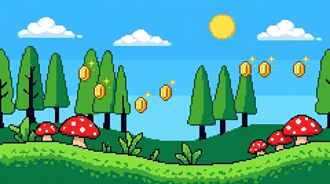 Vintage Eight Bit Video Game Side Scrolling Backdrop Showcasing Pixelated Forest Meadow With Red Mushrooms Golden Floating Items And Clear Blue Heaven  pixel art game background ground grass