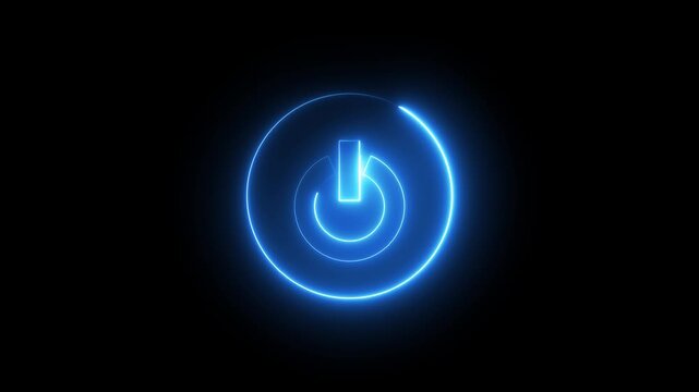 Neon Power button icon animation glowing blue color shutdown switch screen turn on off button computer mobile phone startup stop sign closed icon on black background