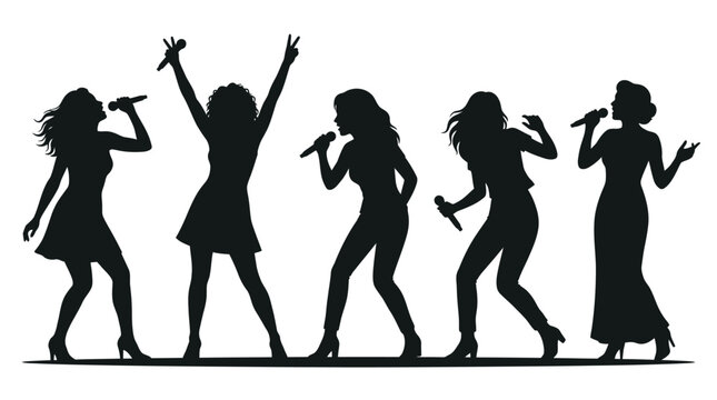 Five elegant female singers performing live music with microphones on a clean white background illustration